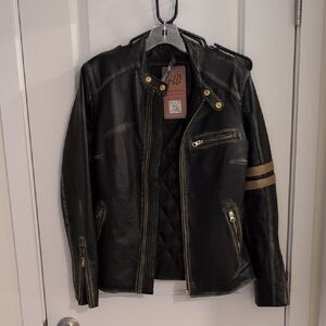 Men's Black Leather Bomber Jacket with Gold Accents